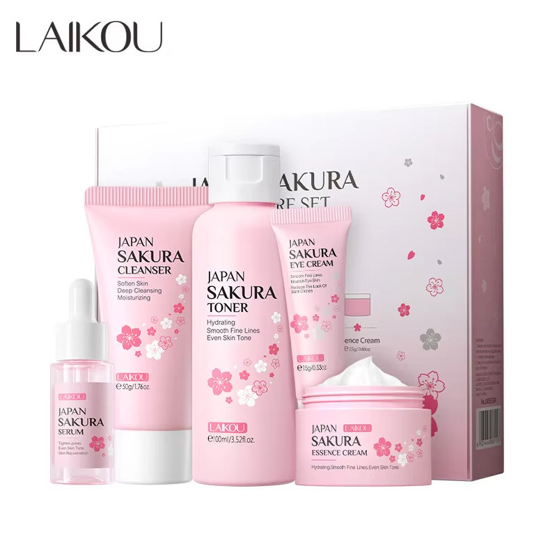 Sakura Skin Care Set Facial Cleanser Moisturizing Face Cream Sunscreen Hydrating Mask Toner Eye Cream Brightening Facial Serum