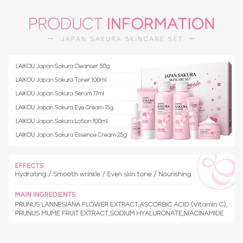 Sakura Skin Care Set Facial Cleanser Moisturizing Face Cream Sunscreen Hydrating Mask Toner Eye Cream Brightening Facial Serum