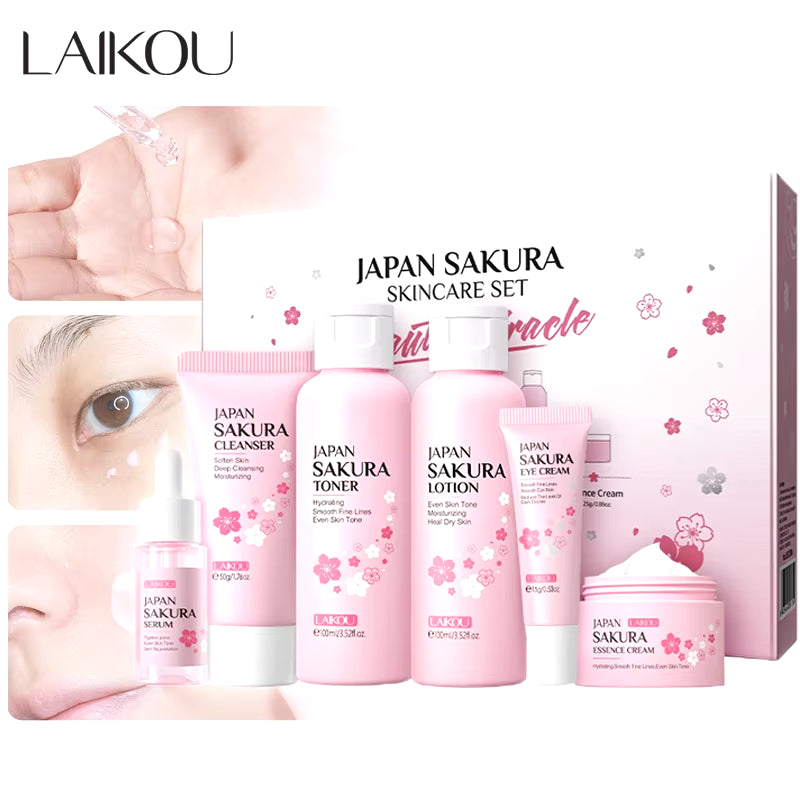 Sakura Skin Care Set Facial Cleanser Moisturizing Face Cream Sunscreen Hydrating Mask Toner Eye Cream Brightening Facial Serum