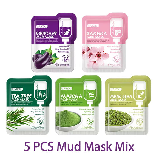 5Pcs Mud Mask Clay Mask Sakura Matcha Eggplant Tea Tree Mung Bean Oil-Control Deep Cleansing Repairing Facial Skin Care