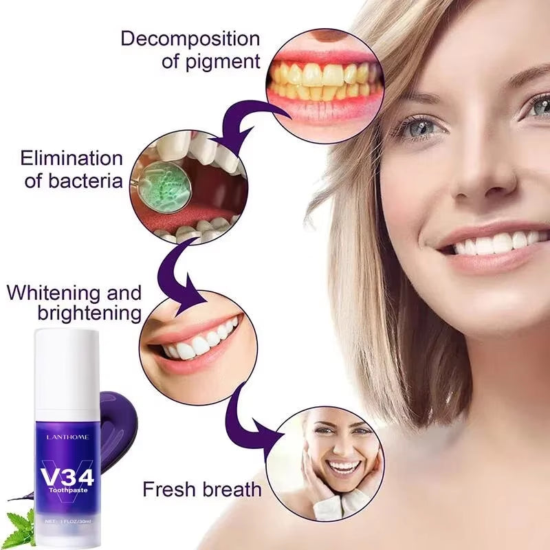 V34 Pro Smile Removal Plaque Stain Purple Corrector Teeth Whitening Toothpaste Enamel Care Easy Reduce Yellowing Oral Clean New