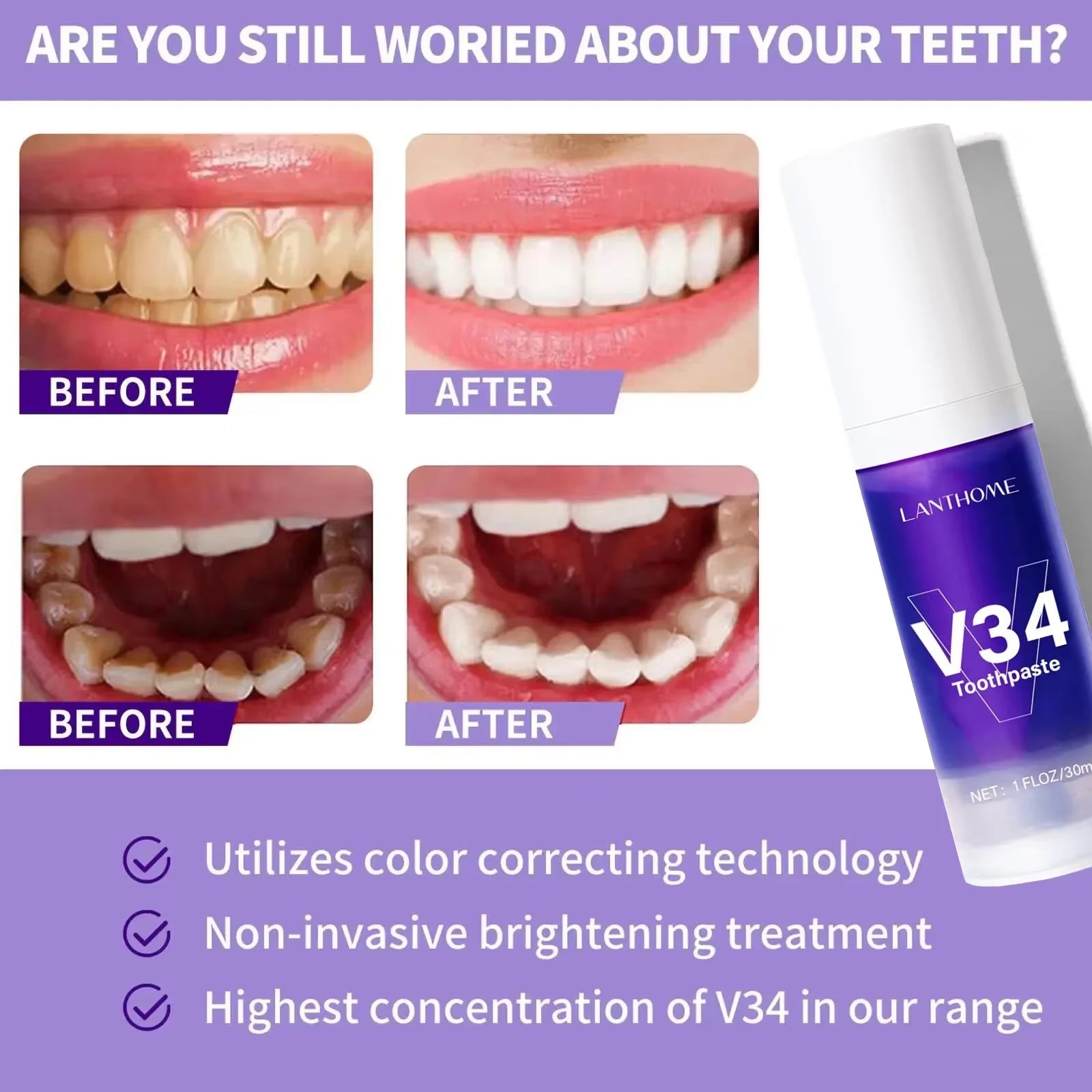 V34 Pro Smile Removal Plaque Stain Purple Corrector Teeth Whitening Toothpaste Enamel Care Easy Reduce Yellowing Oral Clean New