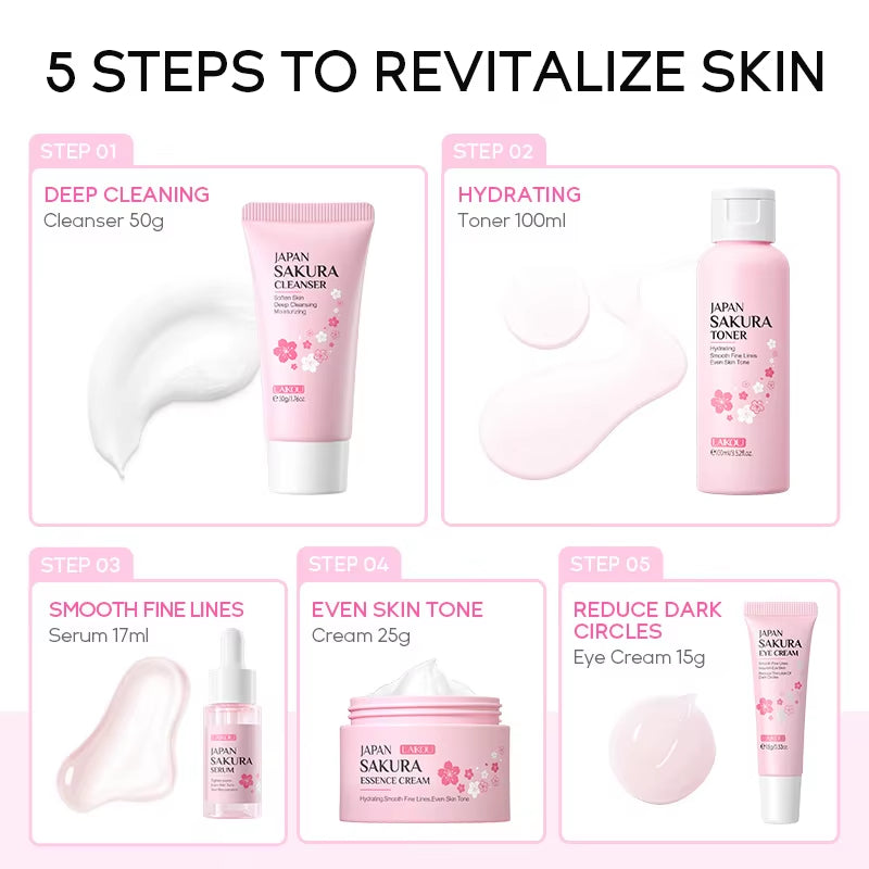 Sakura Skin Care Set Facial Cleanser Moisturizing Face Cream Sunscreen Hydrating Mask Toner Eye Cream Brightening Facial Serum