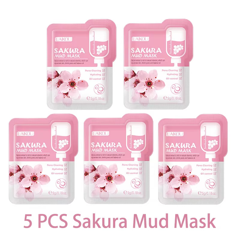 5Pcs Mud Mask Clay Mask Sakura Matcha Eggplant Tea Tree Mung Bean Oil-Control Deep Cleansing Repairing Facial Skin Care