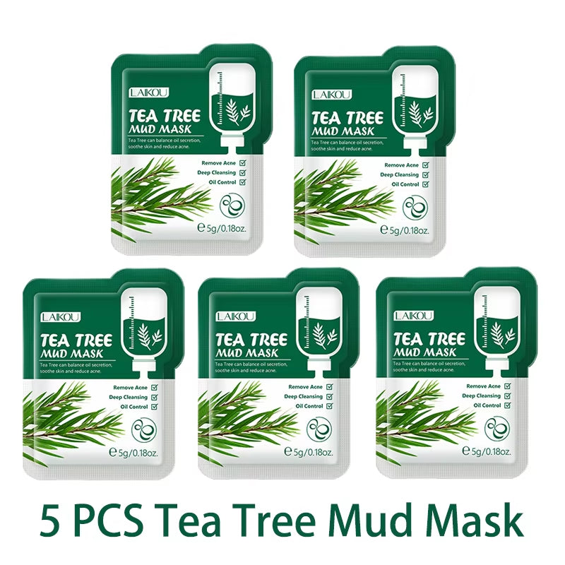 5Pcs Mud Mask Clay Mask Sakura Matcha Eggplant Tea Tree Mung Bean Oil-Control Deep Cleansing Repairing Facial Skin Care